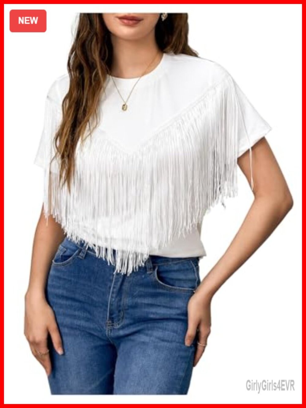 Women's Fringe Tassel Trim Short Sleeve Western Cowgirl T-Shirt Top